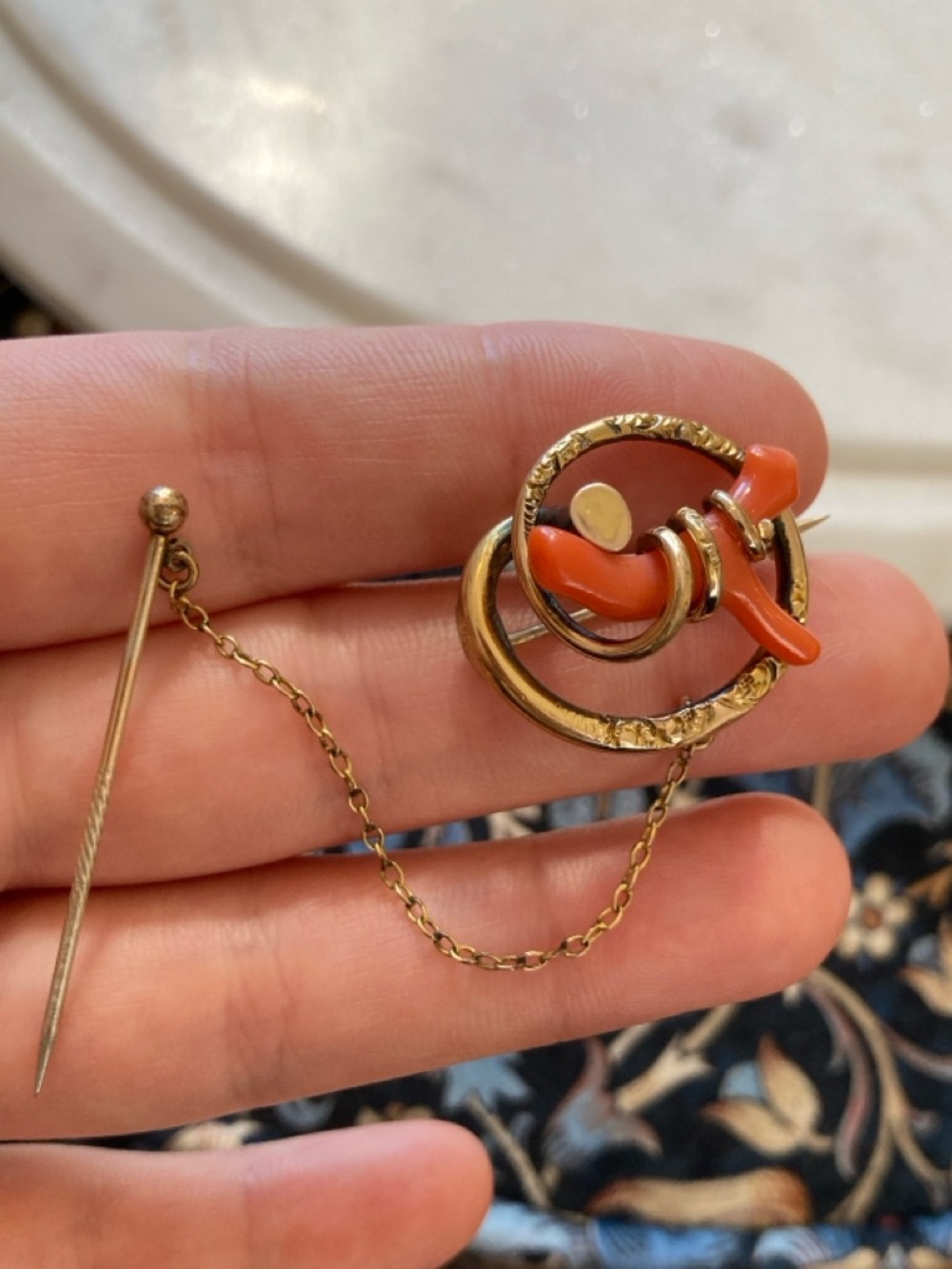 Antique Victorian Coral Love Knot Brooch & Safety Chain Stick Pin